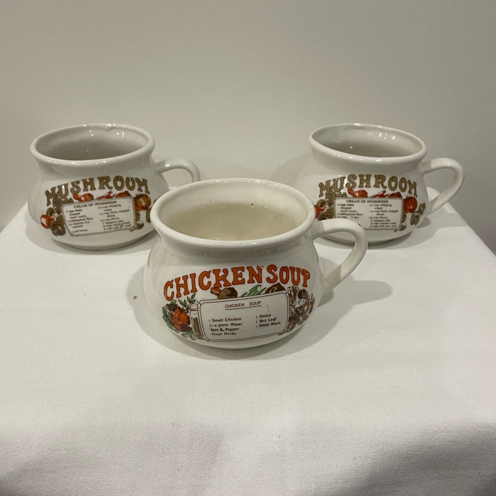 Vintage Soup Recipe Mugs-Mushroom & Chicken | Retro Ceramic Soup Bowls 1970s
